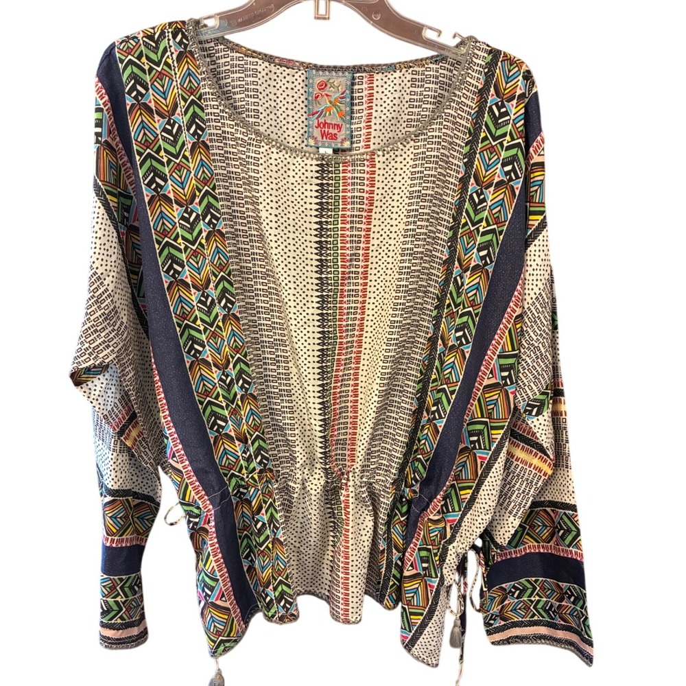 Johnny Was Silk Blouse Women L Multicolor Excellent Mixed Print Tassel C10720B-9